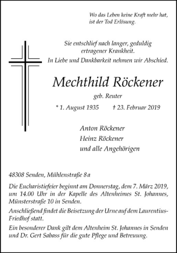 Anzeige von Mechthild Röckener von Westfälische Nachrichten