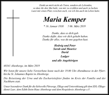 Anzeige von Maria Kemper von Westfälische Nachrichten