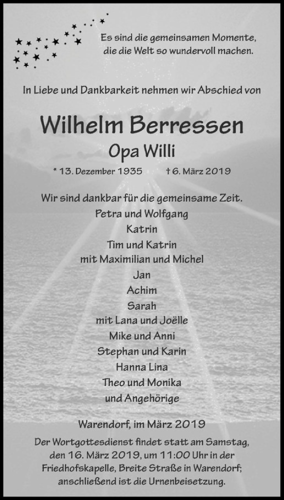  Traueranzeige für Wilhelm Berressen vom 09.03.2019 aus Westfälische Nachrichten