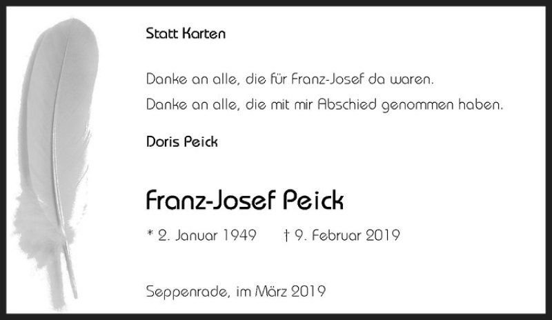  Traueranzeige für Franz-Josef Peick vom 23.03.2019 aus Westfälische Nachrichten