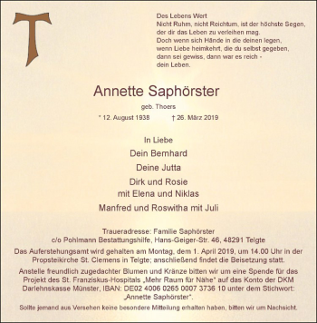 Anzeige von Annette Saphörster von Westfälische Nachrichten