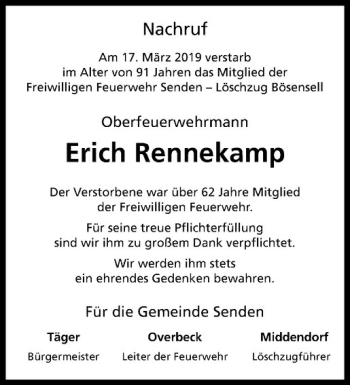 Anzeige von Erich Rennekamp von Westfälische Nachrichten