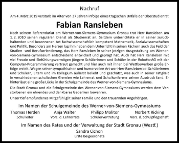 Anzeige von Fabian Ransleben von Westfälische Nachrichten