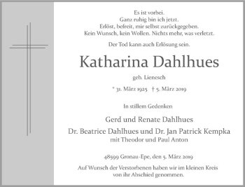 Anzeige von Katharina Dahlhues von Westfälische Nachrichten