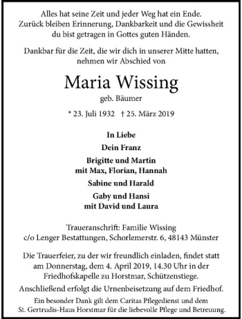 Anzeige von Maria Wissing von Westfälische Nachrichten