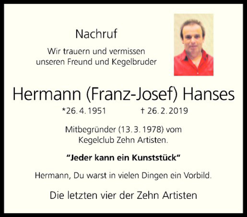  Traueranzeige für Hermann Hanses vom 21.03.2019 aus Westfälische Nachrichten