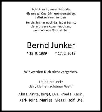 Anzeige von Bernd Junker von Westfälische Nachrichten