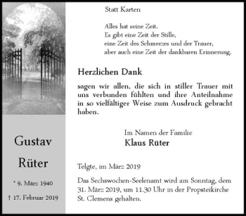 Anzeige von Gustav Rüter von Westfälische Nachrichten