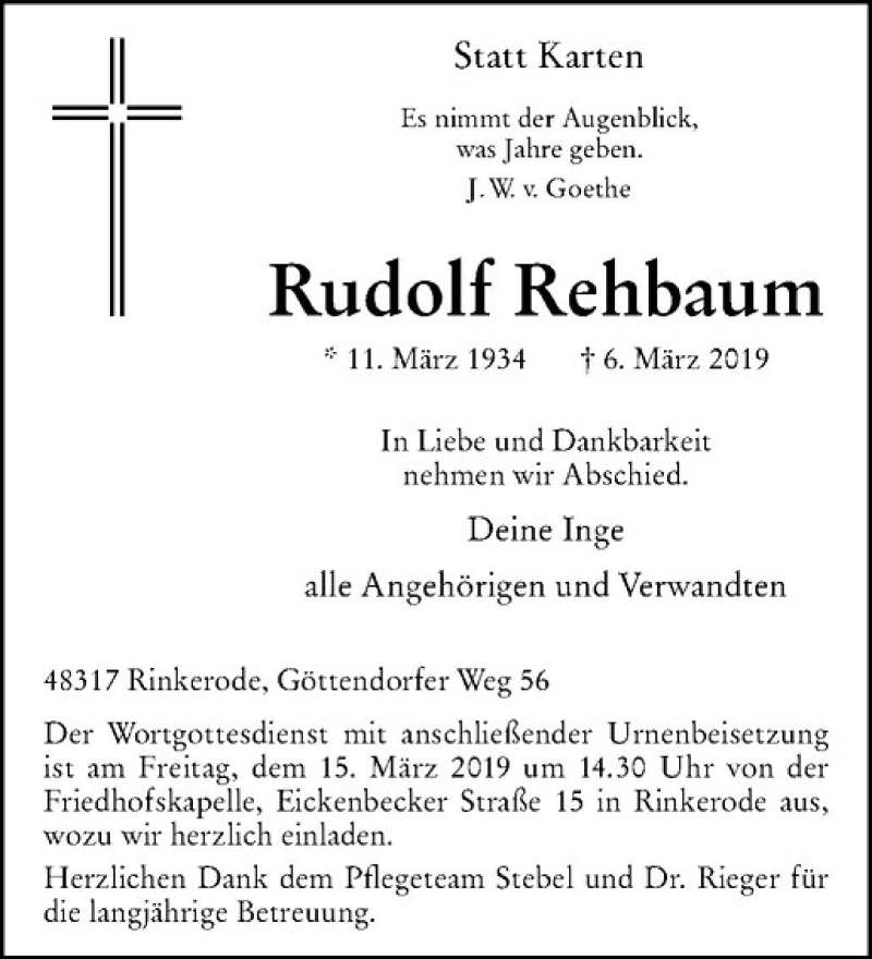  Traueranzeige für Rudolf Rehbaum vom 13.03.2019 aus Westfälische Nachrichten