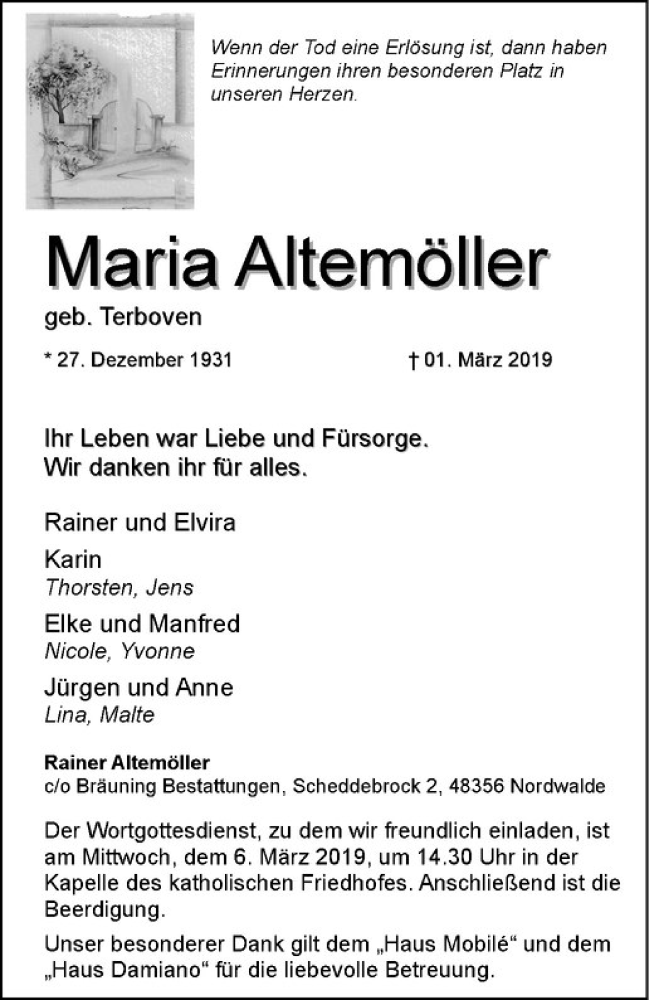  Traueranzeige für Maria Altemöller vom 04.03.2019 aus Westfälische Nachrichten