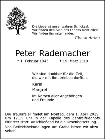 Anzeige von Peter Rademacher von Westfälische Nachrichten
