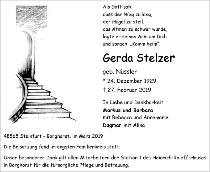  Traueranzeige für Gerda Stelzer vom 09.03.2019 aus Westfälische Nachrichten