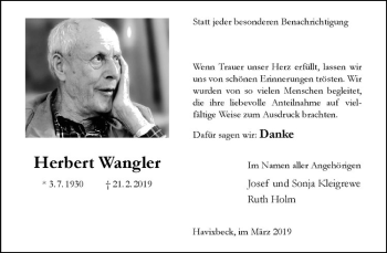 Anzeige von Herbert Wangler von Westfälische Nachrichten