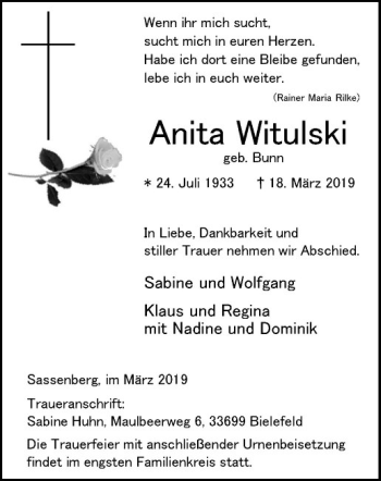 Anzeige von Anita Witulski von Westfälische Nachrichten