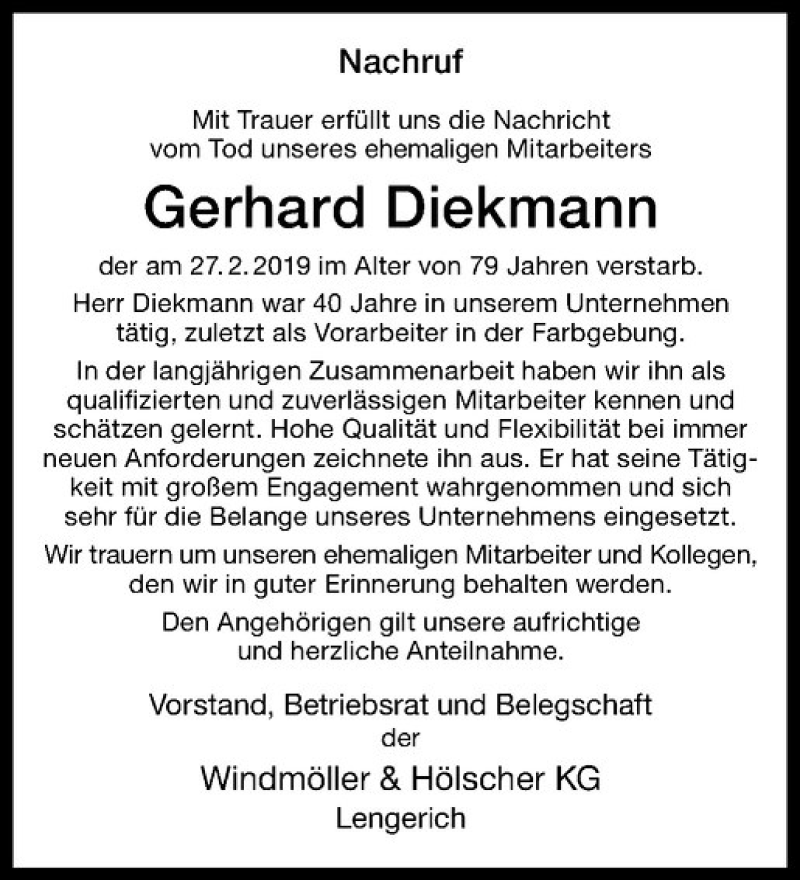 Traueranzeige für Gerhard Diekmann vom 06.03.2019 aus Westfälische Nachrichten
