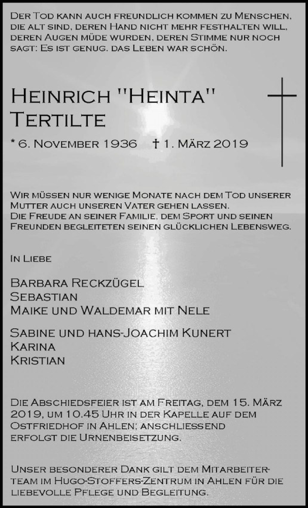 Traueranzeige für Heinrich Tertilte vom 09.03.2019 aus Westfälische Nachrichten