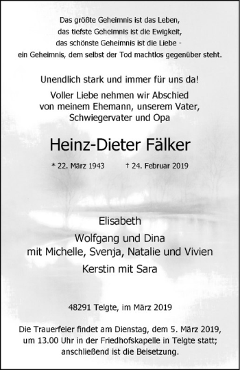 Anzeige von Heinz-Dieter Fälker von Westfälische Nachrichten