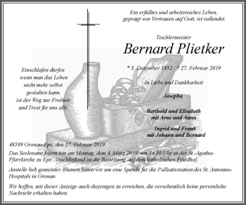 Anzeige von Bernhard Plietker von Westfälische Nachrichten