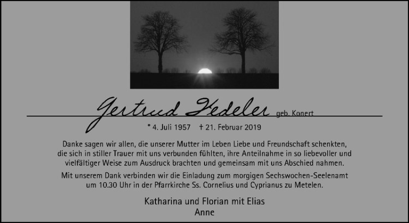  Traueranzeige für Gertrud Fedeler vom 30.03.2019 aus Westfälische Nachrichten