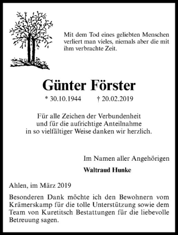 Anzeige von Günter Förster von Westfälische Nachrichten