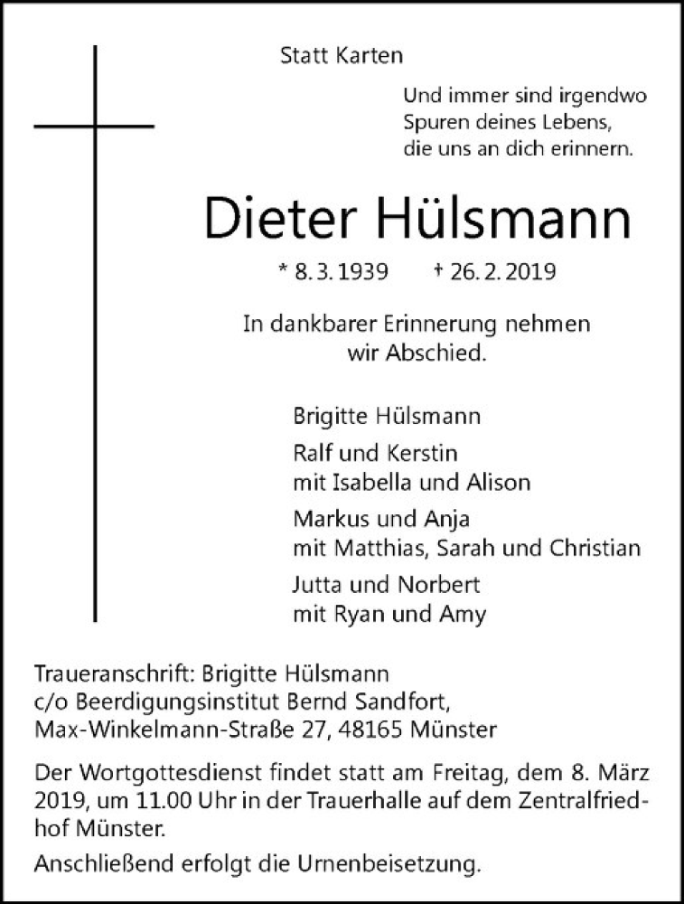  Traueranzeige für Dieter Hülsmann vom 02.03.2019 aus Westfälische Nachrichten