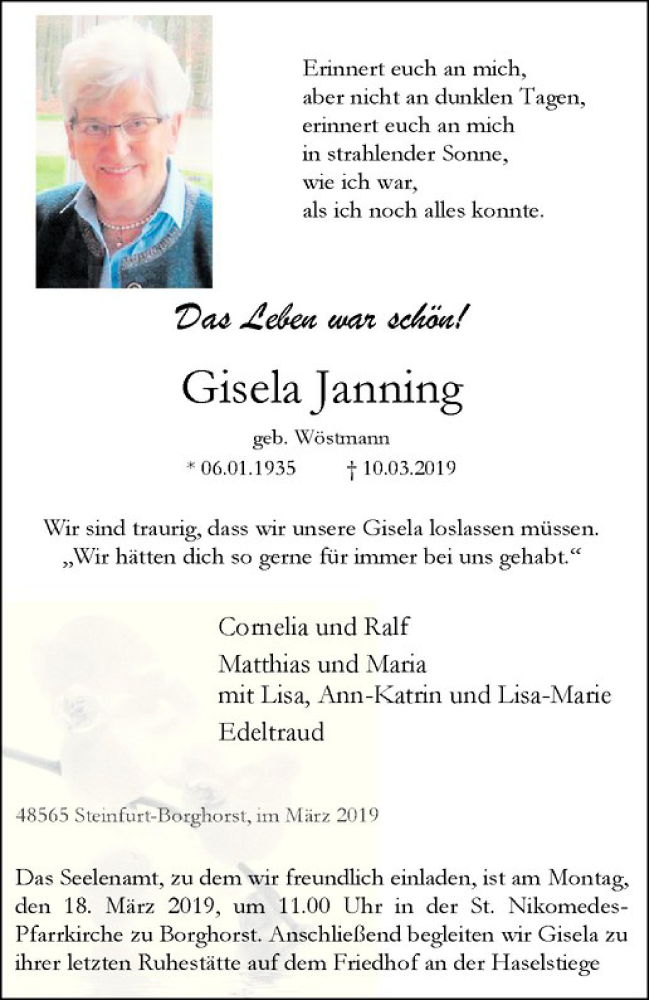  Traueranzeige für Gisela Janning vom 13.03.2019 aus Westfälische Nachrichten