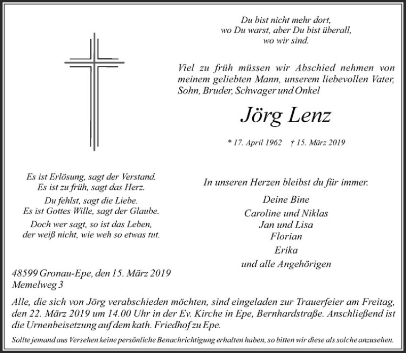  Traueranzeige für Jörg Lenz vom 19.03.2019 aus Westfälische Nachrichten