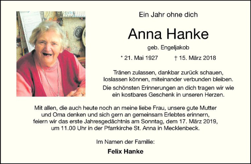  Traueranzeige für Anna Hanke vom 09.03.2019 aus Westfälische Nachrichten
