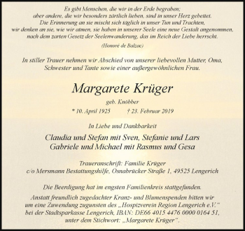 Anzeige von Margarete Krüger von Westfälische Nachrichten