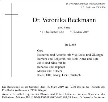 Anzeige von Veronika Beckmann von Westfälische Nachrichten