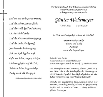 Anzeige von Günter Wehrmeyer von Westfälische Nachrichten