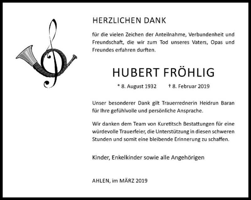  Traueranzeige für Hubert Fröhlig vom 23.03.2019 aus Westfälische Nachrichten