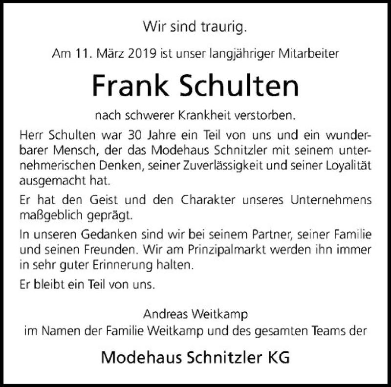  Traueranzeige für Frank Schulten vom 23.03.2019 aus Westfälische Nachrichten