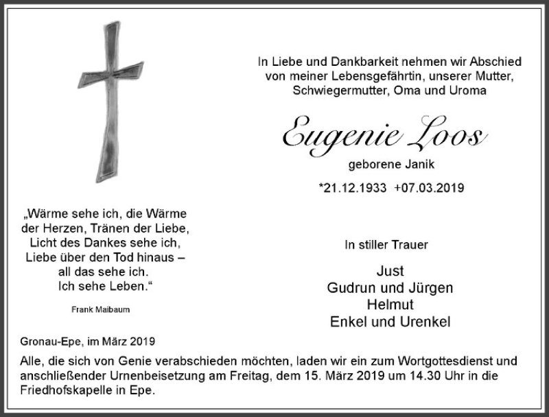  Traueranzeige für Eugenie Loos vom 11.03.2019 aus Westfälische Nachrichten