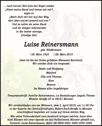 Anzeige von Luise Reinersmann von Westfälische Nachrichten