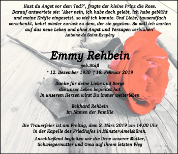 Anzeige von Emmy Rehbein von Westfälische Nachrichten