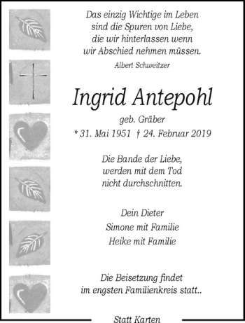 Anzeige von Ingrid Antepohl von Westfälische Nachrichten
