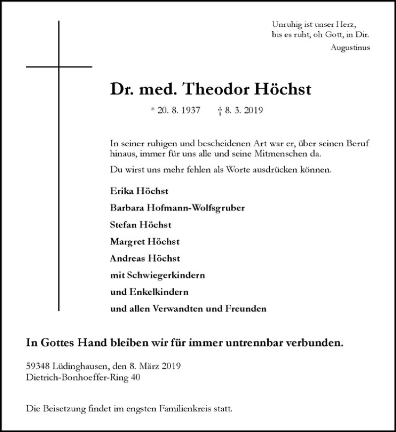  Traueranzeige für Theodor Höchst vom 12.03.2019 aus Westfälische Nachrichten