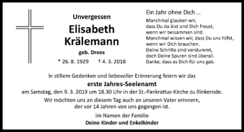 Anzeige von Elisabeth Krälemann von Westfälische Nachrichten
