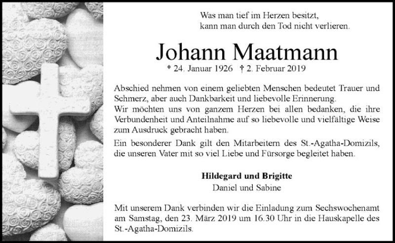  Traueranzeige für Johann Maatmann vom 19.03.2019 aus Westfälische Nachrichten