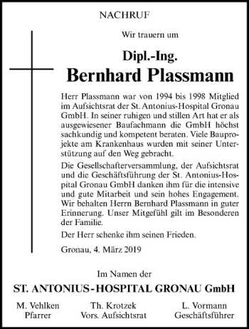 Anzeige von Bernhard Plassmann von Westfälische Nachrichten