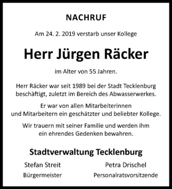 Anzeige von Jürgen Räcker von Westfälische Nachrichten