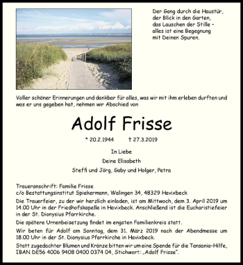 Anzeige von Adolf Frisse von Westfälische Nachrichten