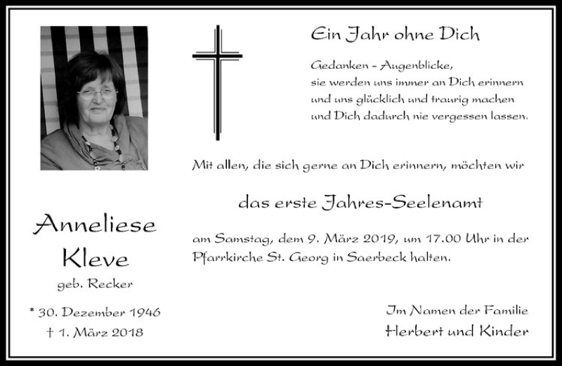  Traueranzeige für Anneliese Kleve vom 06.03.2019 aus Westfälische Nachrichten