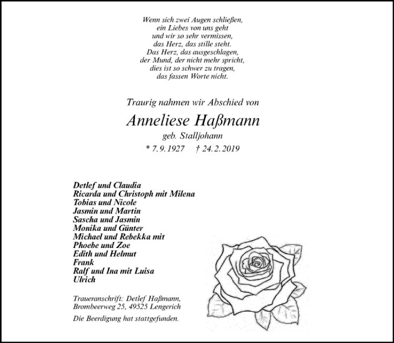  Traueranzeige für Anneliese Haßmann vom 06.03.2019 aus Westfälische Nachrichten