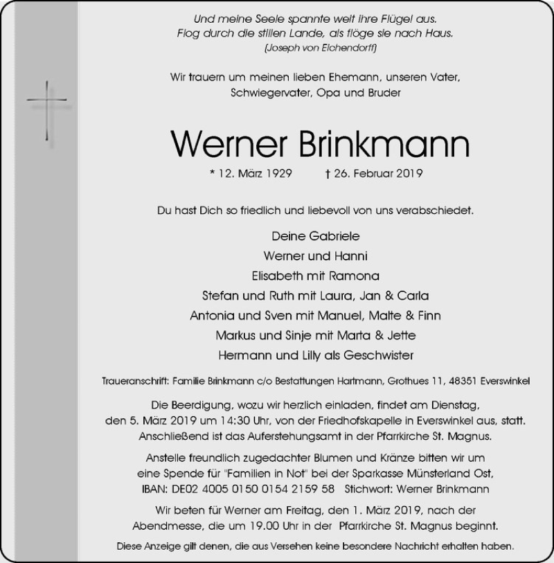  Traueranzeige für Werner Brinkmann vom 01.03.2019 aus Westfälische Nachrichten