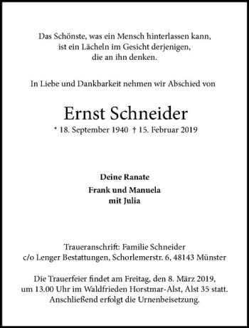 Anzeige von Ernst Schneider von Westfälische Nachrichten