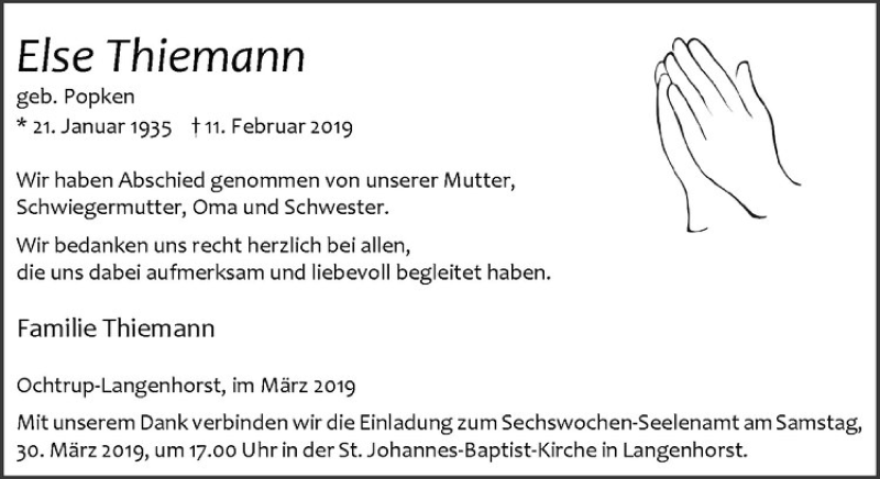  Traueranzeige für Else Thiemann vom 27.03.2019 aus Westfälische Nachrichten