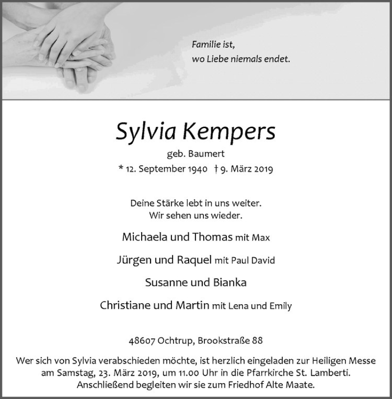  Traueranzeige für Sylvia Kempers vom 12.03.2019 aus Westfälische Nachrichten