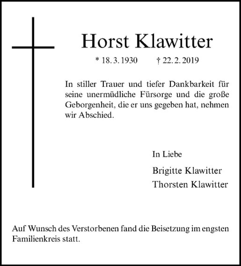  Traueranzeige für Horst Klawitter vom 02.03.2019 aus Westfälische Nachrichten
